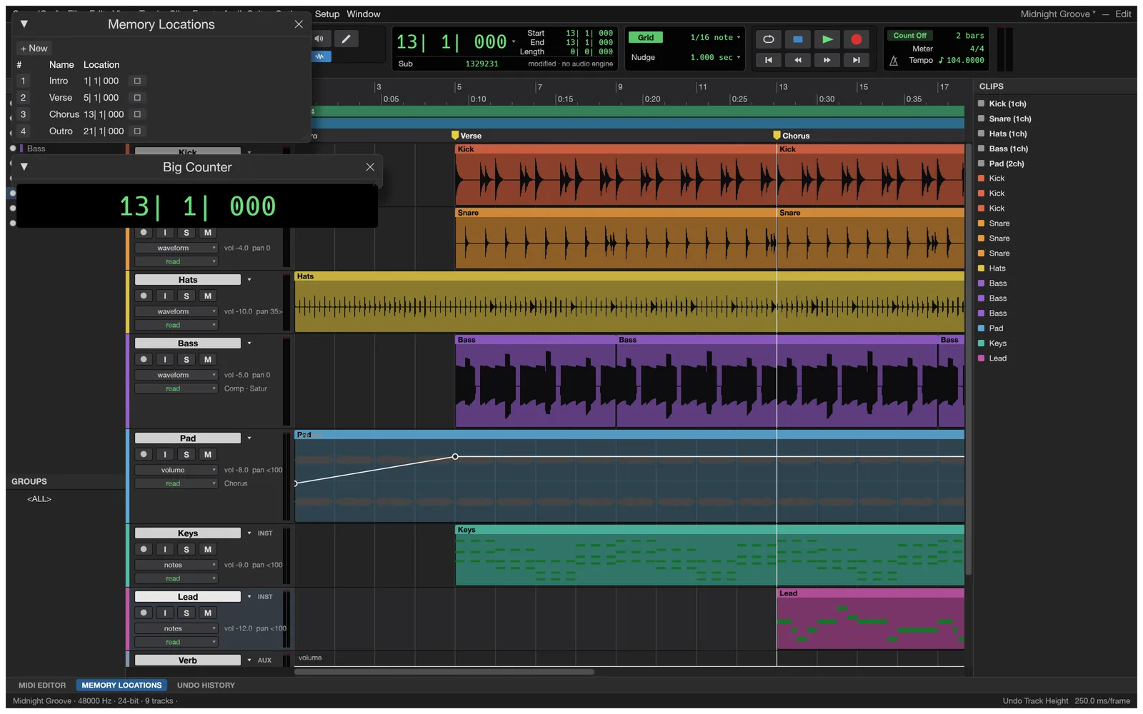 Volume automation drawn on the Pad track, with the Memory Locations and Big Counter windows open