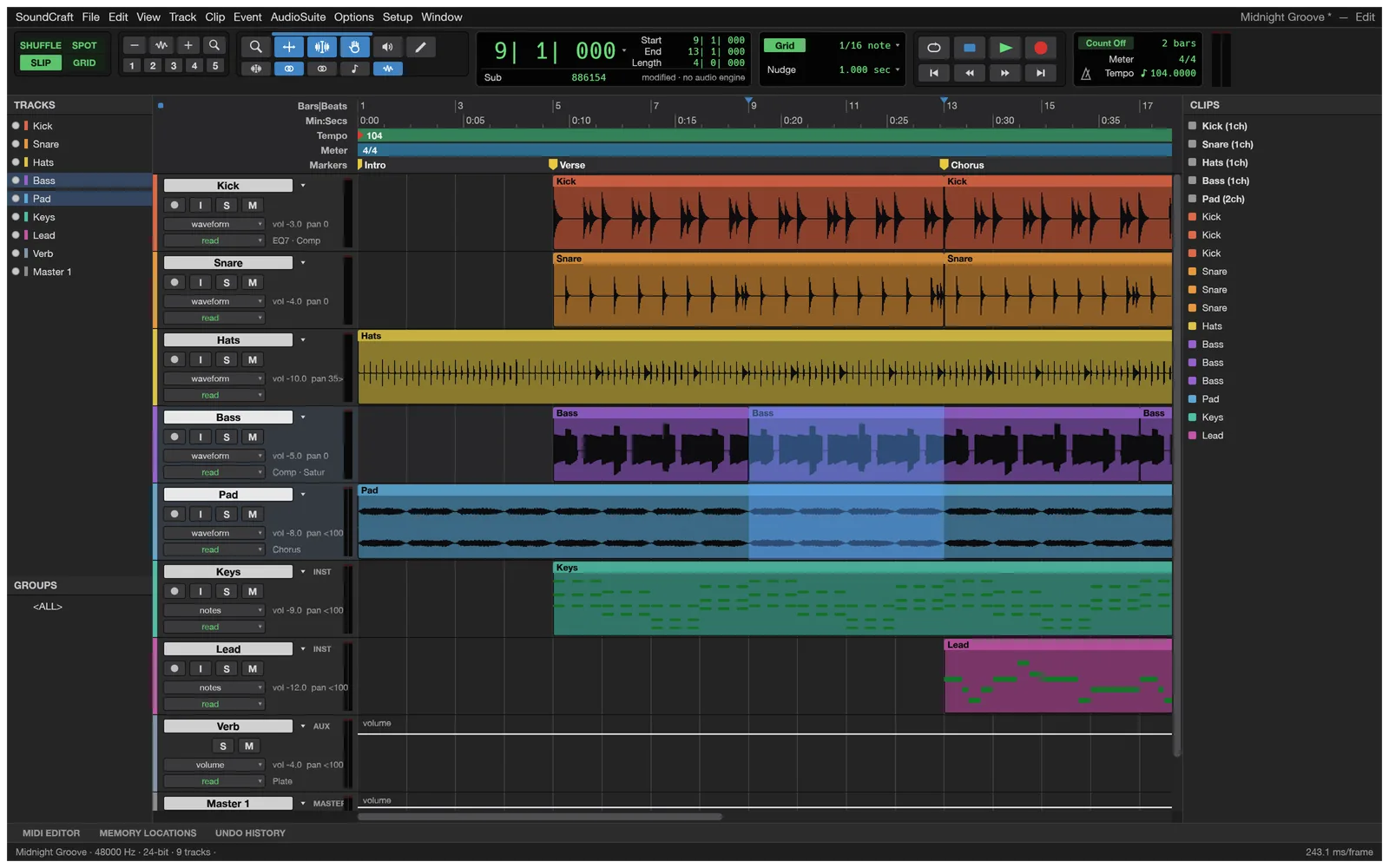 SoundCraft's Edit window with the nine-track demo song: Kick, Snare, Hats, Bass, Pad, Keys, Lead, a Verb aux and the master fader, with Intro, Verse and Chorus markers