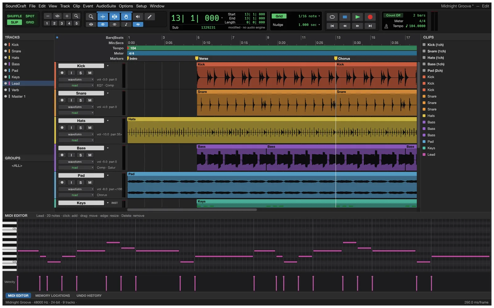The MIDI editor showing the Lead melody as a piano roll with a velocity lane