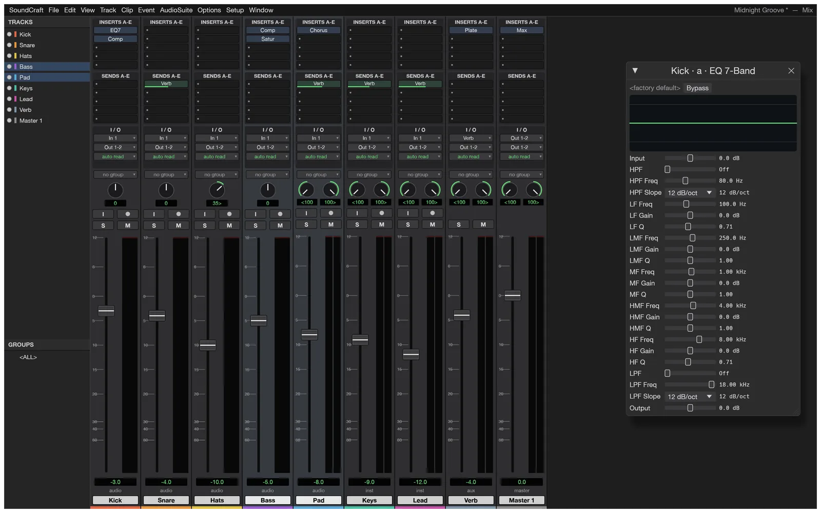 The Mix window with nine channel strips, inserts, sends, I/O, pan knobs, faders and meters, and the EQ 7-Band window open for the Kick