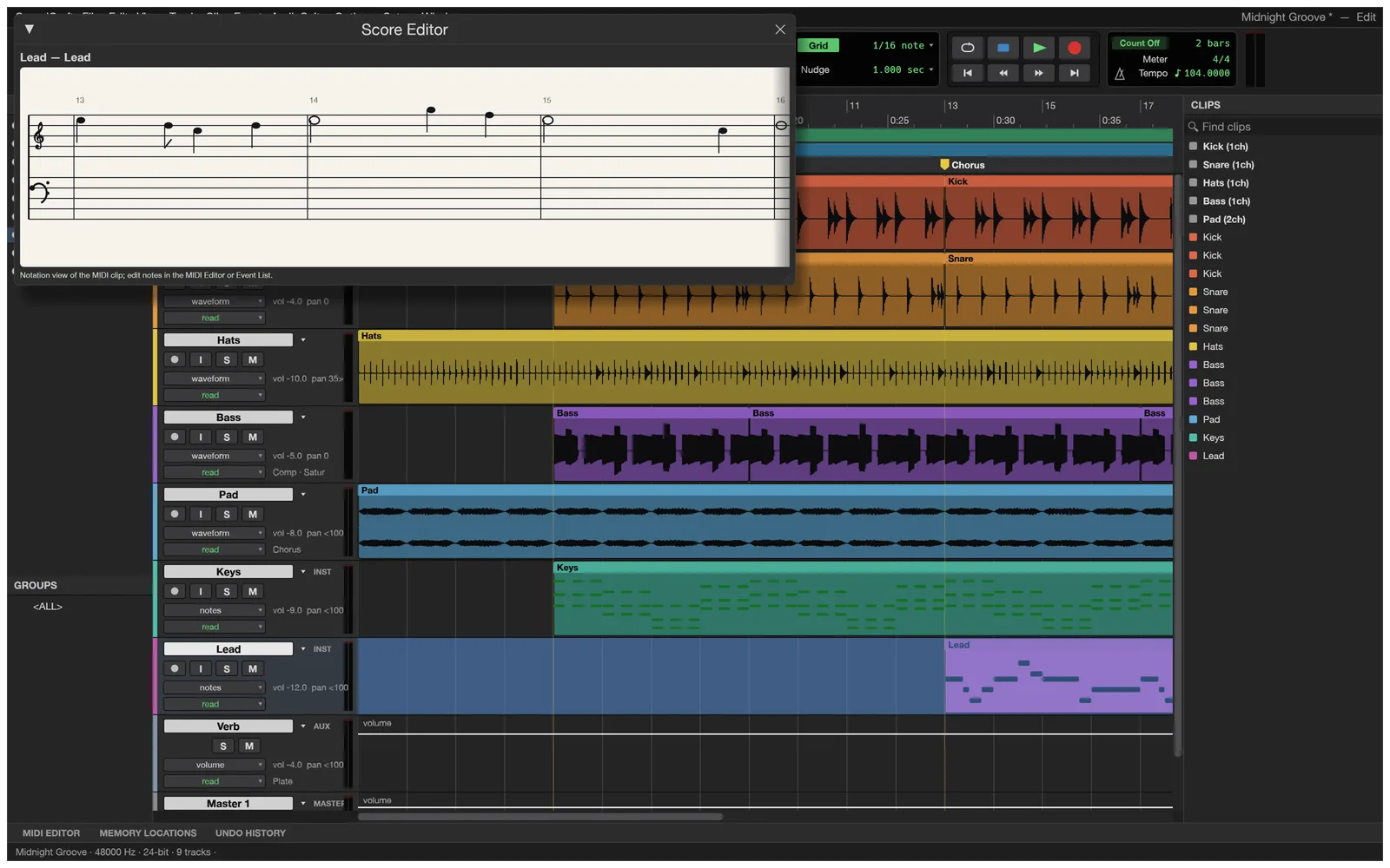 The Score Editor showing the lead melody in standard notation on a treble and bass staff