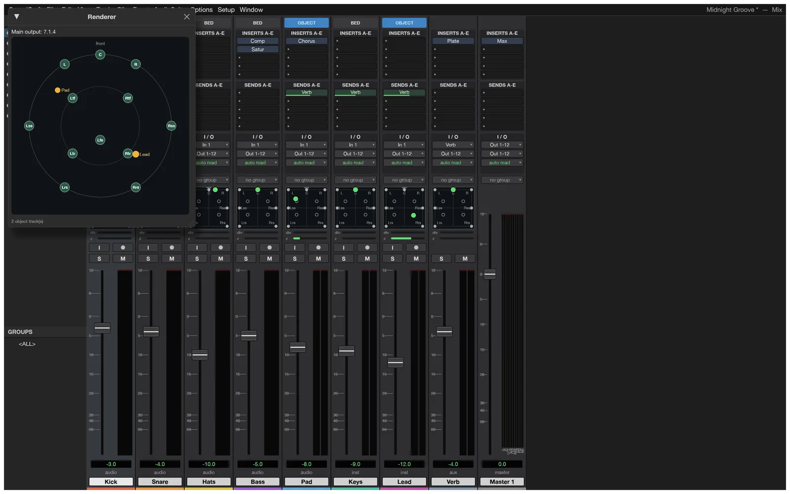 SoundCraft's Renderer window showing a 7.1.4 speaker layout with two object tracks, beside the Mix window with surround panners