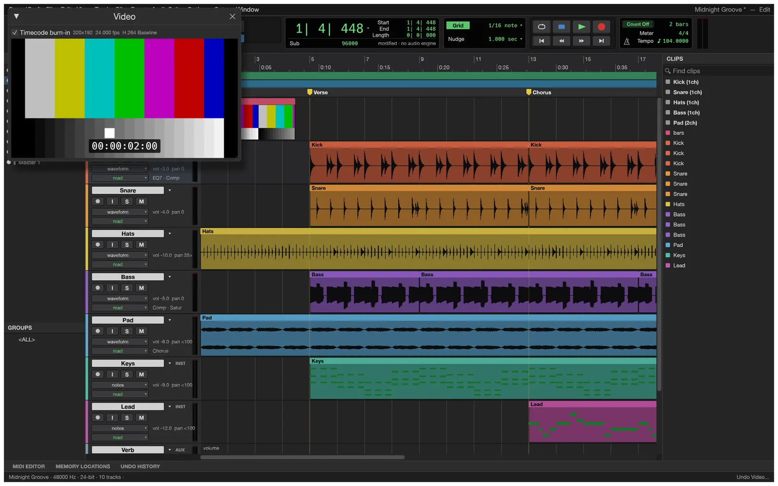 SoundCraft's Video window showing a colour-bar test movie with a timecode burn-in, above a video track with thumbnails